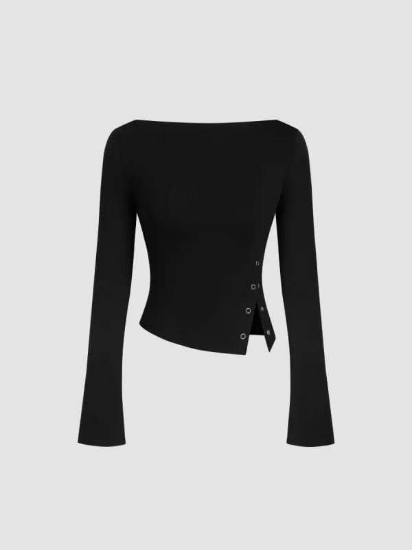 Boat Neck Solid Button Long Sleeve Crop Top sold by Cider