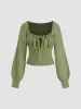 Knit Square Neck Solid Knotted Long Sleeve Crop Top sold by Cider