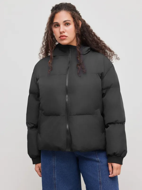 Hooded Solid Pocket Drawstring Puffer Jacket Curve & Plus sold by Cider