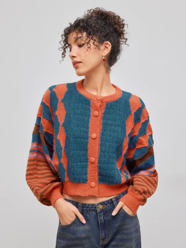 Knit Round Neckline Striped Geometric Cardigan sold by Cider