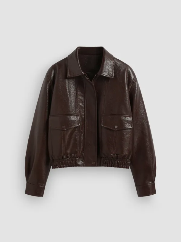 Faux Leather Collar Solid Pocket Shirred Oversized Jacket sold by Cider