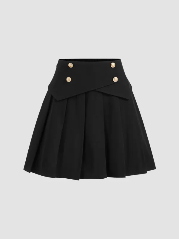 Mid Rise Solid Button Pleated Mini Skirt sold by Cider