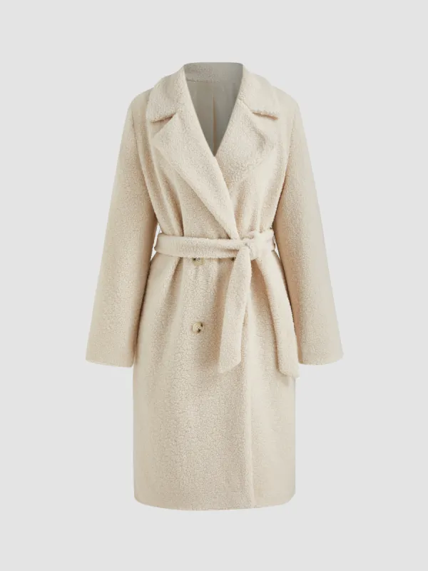 Fleece Collar Solid Pocket Oversized Coat With Belt sold by Cider