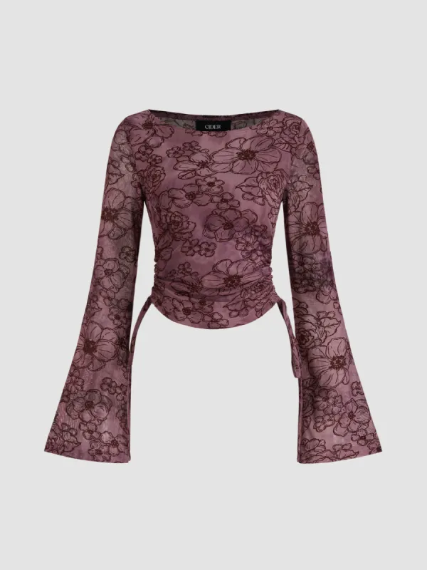 Boat Neck Floral Drawstring Bell Sleeve Top sold by Cider