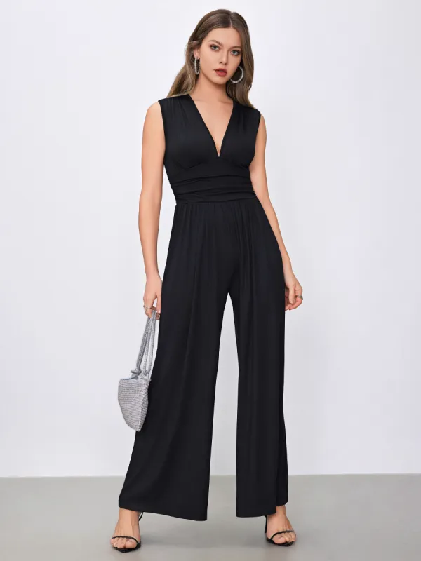 V-neck Ruched Solid Wide Leg Jumpsuit sold by Cider