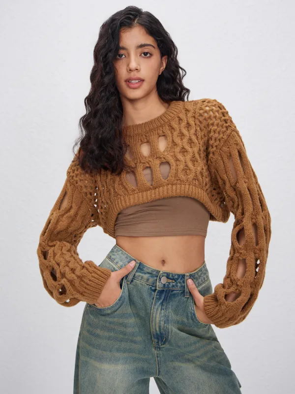 Knit Round Neckline Hollow Out Long Sleeve Crop Top sold by Cider