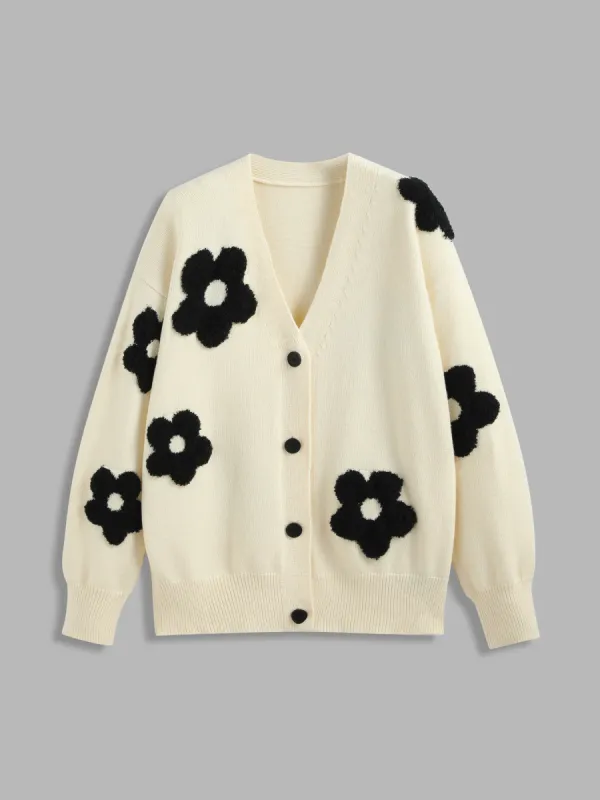 V-neck Graphic Floral Button Cardigan sold by Cider