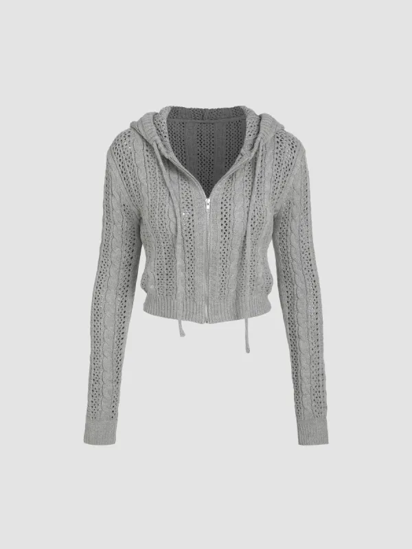 Knit Hooded Zipper Hollow Out Cardigan sold by Cider