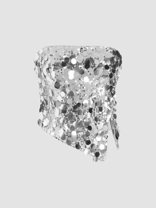 Sequin Asymmetrical Split Tube Crop Top sold by Cider