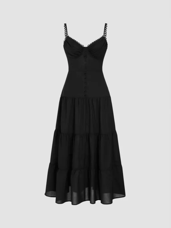 Woven V-neck Solid Ruffle Hem Midi Dress sold by Cider