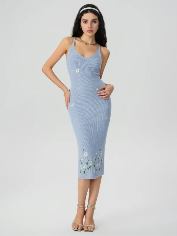 Knit V-neck Flower Graphic Embroidery Cami Midi Dress sold by Cider