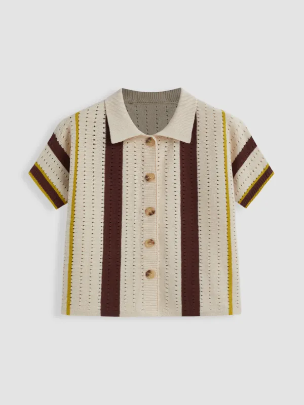 Knit Polo Striped Hollow Out Short Sleeve Top sold by Cider