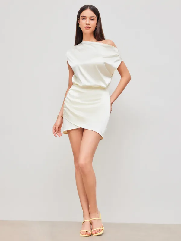 Satin Asymmetrical Neck Solid Ruched Mini Dress sold by Cider