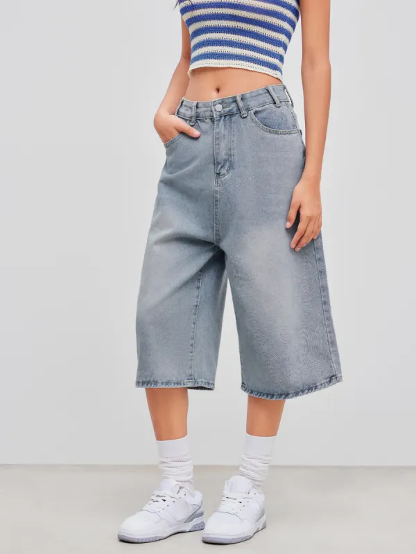 Denim Mid Rise Solid Pocket Wide Leg Bermuda Shorts sold by Cider