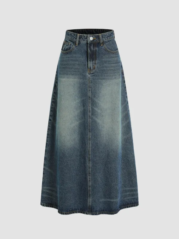 Denim Mid Waist Solid Pocket Maxi Skirt sold by Cider