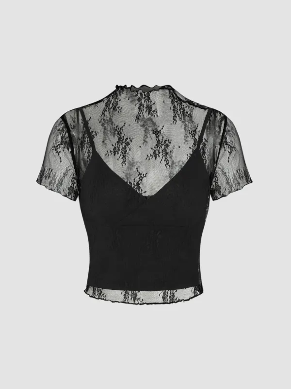 High Neck Lace Floral Top & Solid Crop Cami Top Set sold by Cider