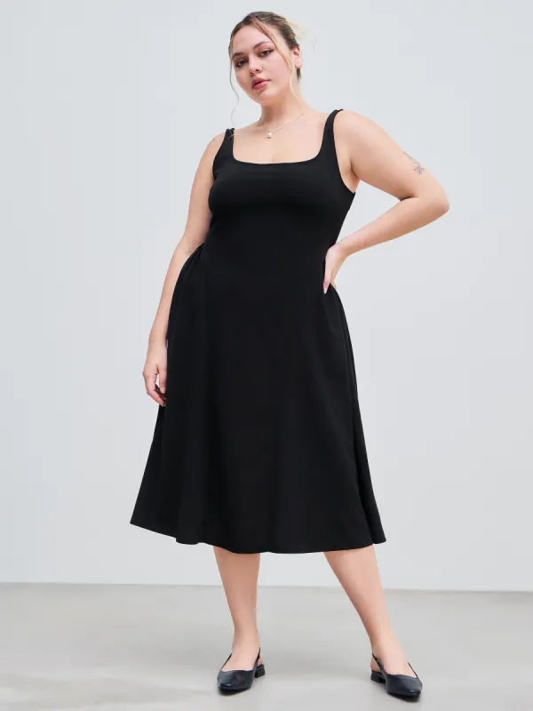 Woven Square Neck Solid Ruffle Midi Dress Curve & Plus sold by Cider