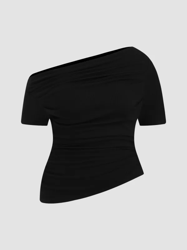 Asymmetrical Neck Ruched Short Sleeve Top Curve & Plus sold by Cider
