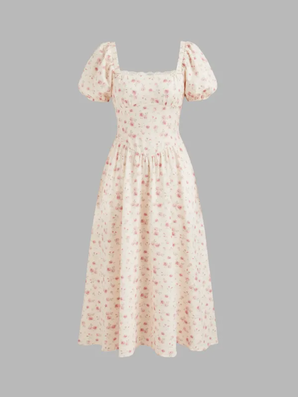 Square Neck Floral Lace Up Midi Dress sold by Cider
