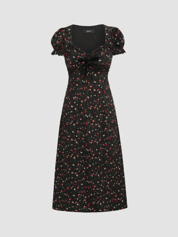 Square Neck Floral Bowknot Puff Sleeve Midi Dress sold by Cider