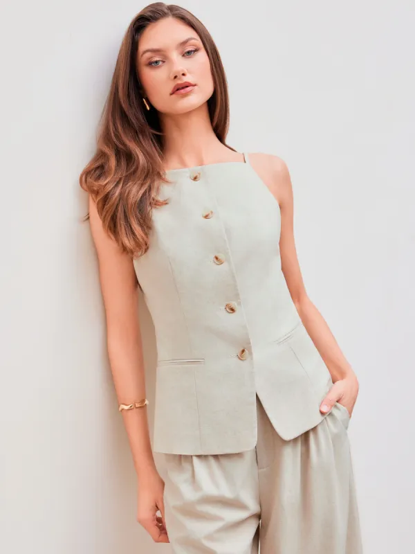 Linen-blend Square Neck Solid Blazer Vest sold by Cider
