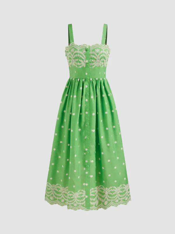 Woven Square Neck Floral Embroidery Maxi Dress sold by Cider