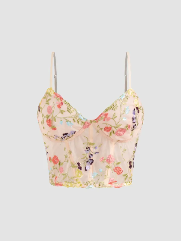 Mesh V-neck Floral Embroidery Crop Cami Top sold by Cider
