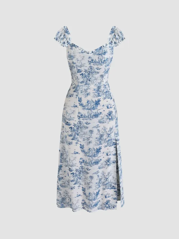 Toile de Jouy Ruffle Trim Slit Midi Dress sold by Cider