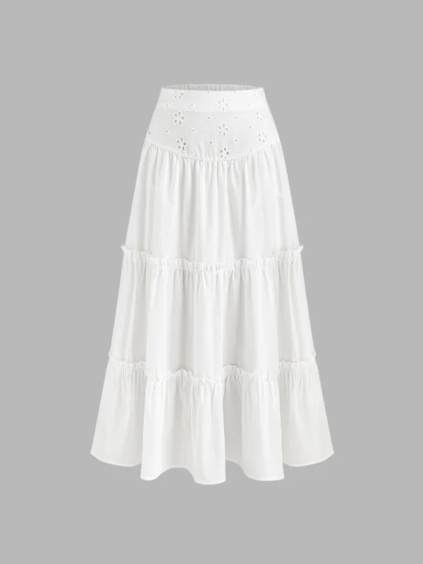 Woven Mid Rise Lettuce Trim Tiered Maxi Skirt sold by Cider