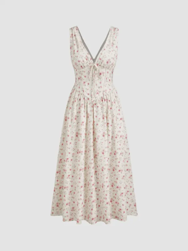V-neck Floral Knotted Corset Ruffle Midi Dress sold by Cider