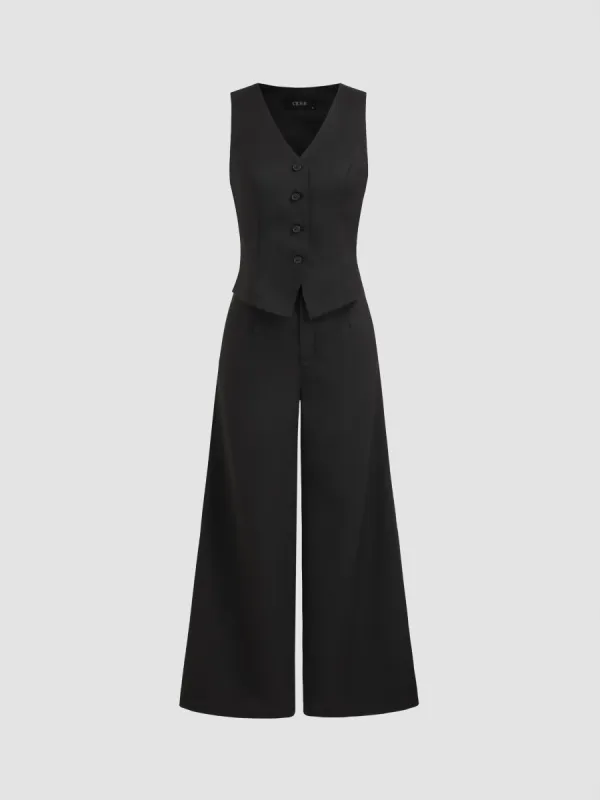 Solid V-neck Button Vest Wide Leg Jumpsuit sold by Cider