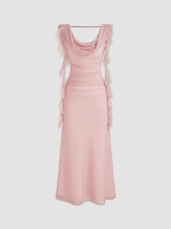Cowl Neck Solid Ruffle Hem Ruched Maxi Dress sold by Cider