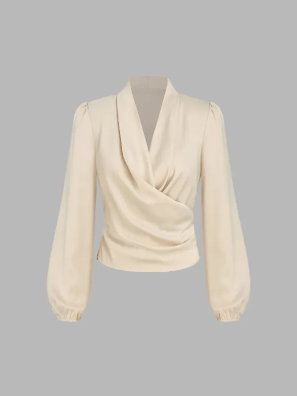 Satin V-neck Wrap Zip Long Sleeve Blouse sold by Cider