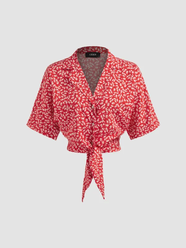 Collar Ditsy Floral Knotted Short Sleeve Blouse sold by Cider