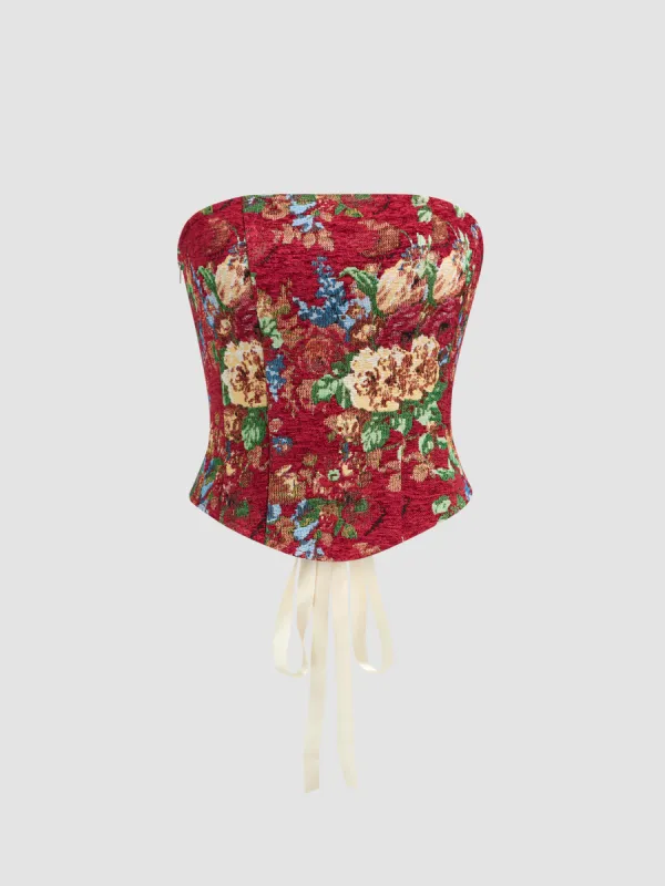 Strapless Floral Lace Up Zipper Corset Tube Top sold by Cider