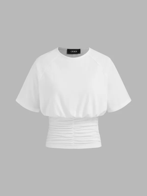 Cotton-blend Round Neck Solid Ruched Short Sleeve Tee sold by Cider