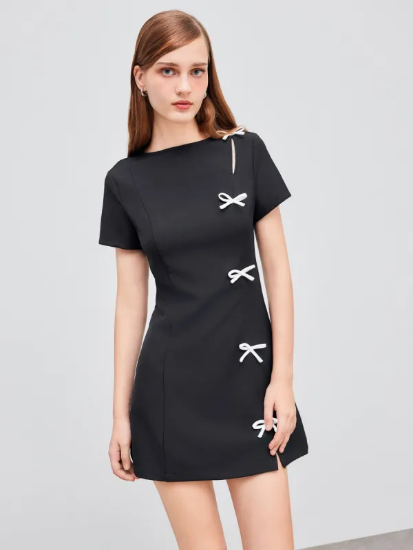 Woven Round Neck Solid Bowknot Mini Dress sold by Cider