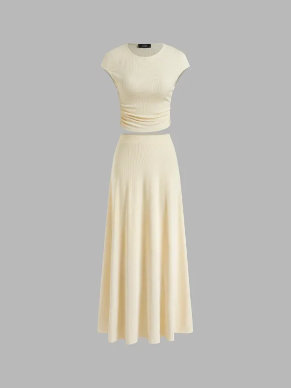 Jersey Round Neckline Ruched Top & Elastic Waist Maxi Skirt Set sold by Cider