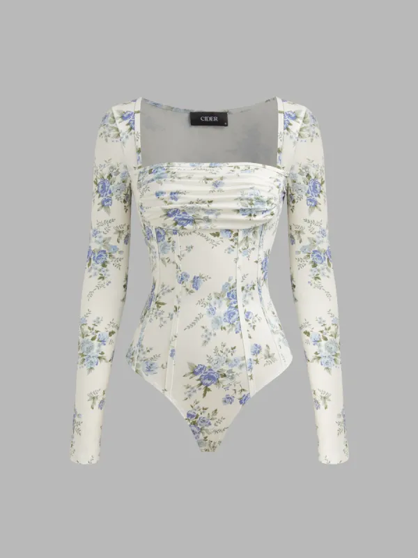 Square Neck Floral Ruched Corset Bodysuit sold by Cider