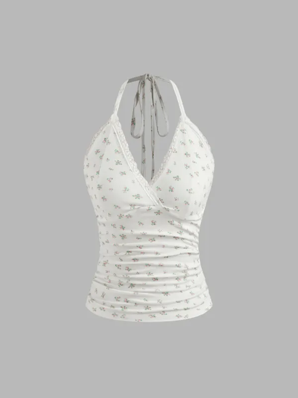 Halter Floral Lace Trim Knotted Ruched Top sold by Cider
