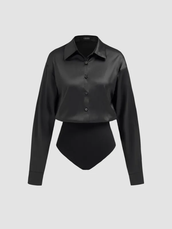 Satin Collar Solid Long Sleeve Blouse Bodysuit sold by Cider