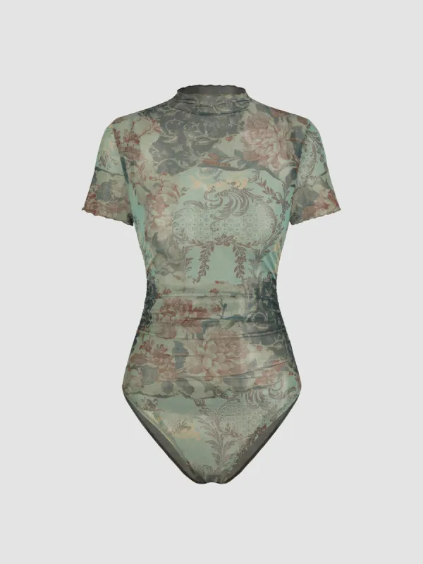 Mesh High Neck Floral Ruched Bodysuit sold by Cider