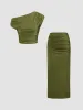 Asymmetrical Neck Solid Ruched Top With High Rise Solid Ruched Maxi Skirt sold by Cider