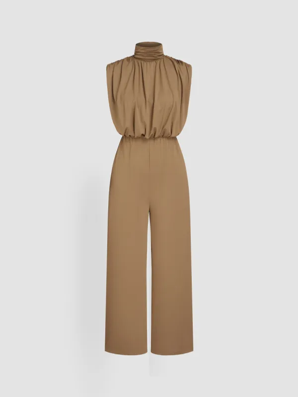 High Neck Solid Zipper Ruched Jumpsuit sold by Cider