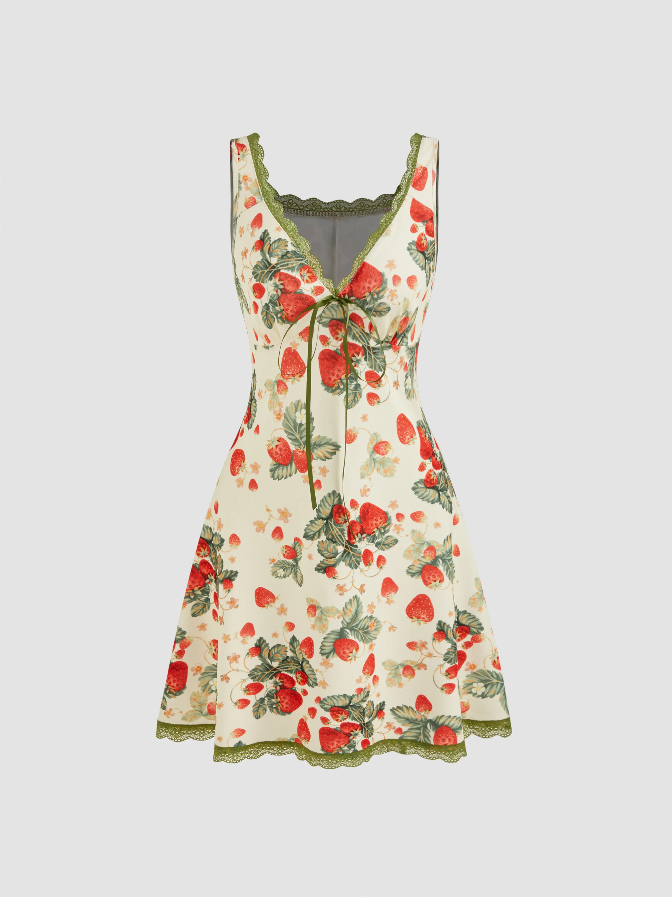 V-neck Strawberry Graphic Contrasting Binding Knotted Mini Dress sold by Cider