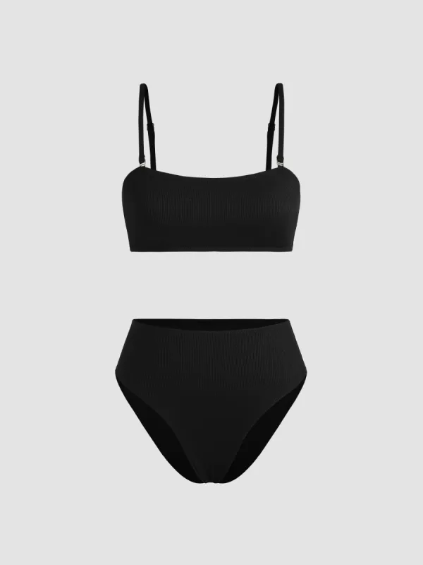 Rib Solid Square Neck Bikini Swimsuit sold by Cider