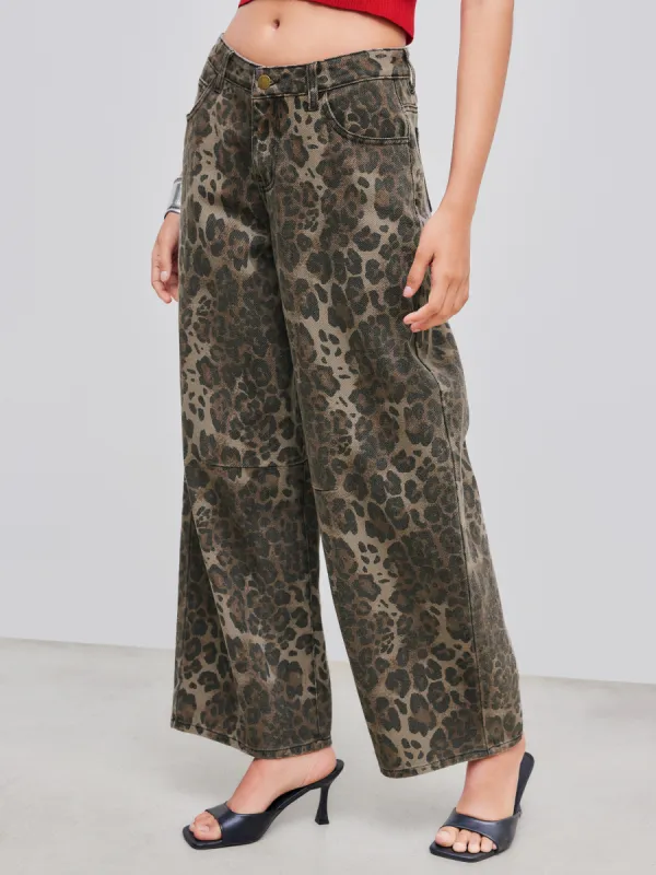 Cider Denim Low Rise Leopard Barrel-leg Jeans sold by Cider