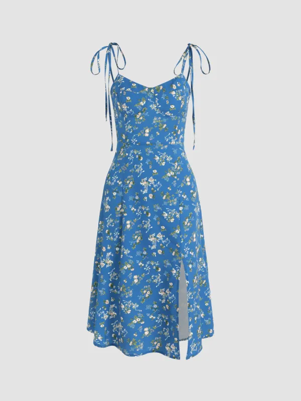 Ditsy Floral Tie Shoulder Slit Midi Dress sold by Cider