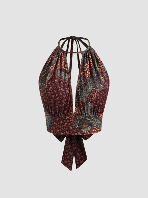 Woven Halter Aztec Knotted Back Crop Top sold by Cider