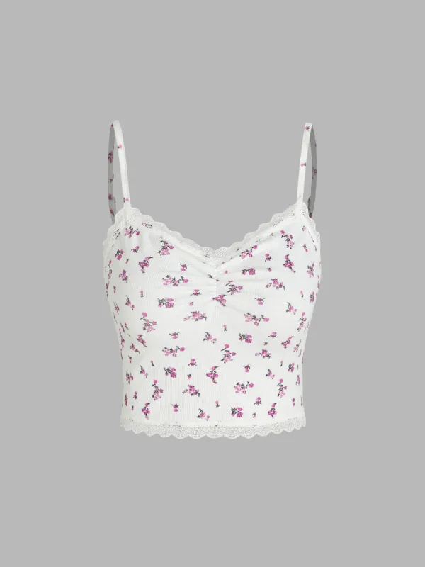 Floral V-neck Ruched Lace Trim Crop Cami Top sold by Cider